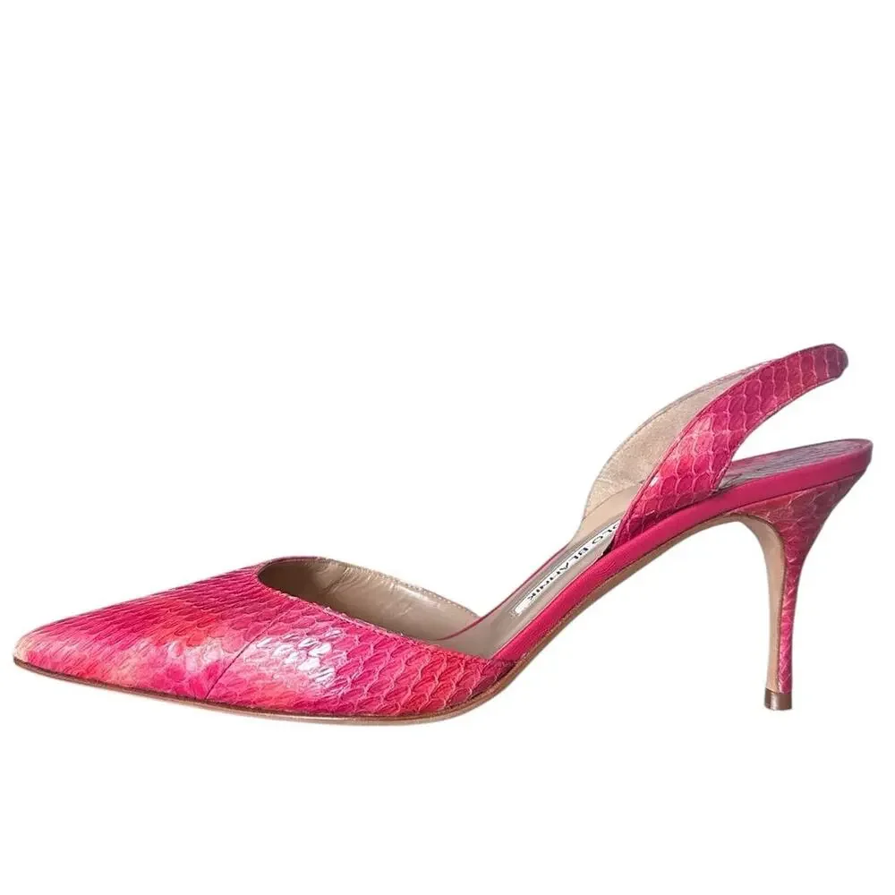Manolo Blahnik Pink Snakeskin Leather Carolyne Slingback Pointed Toe Pump 39.5